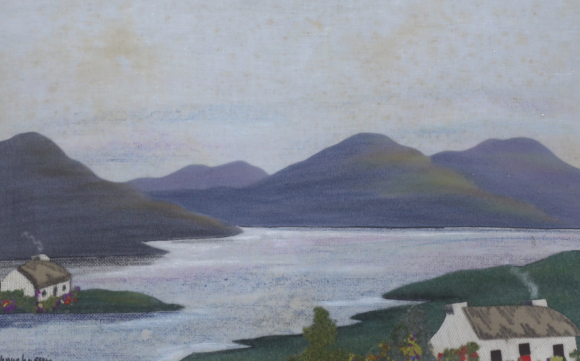 M O’Shaughnessy (Irish), pair of felt and collages, Mountainous river landscapes, each signed, 35 x 55cm